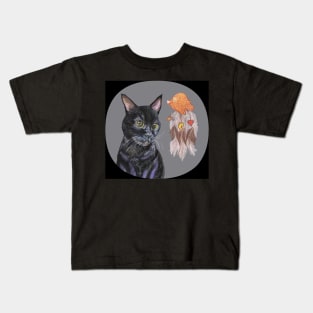 Portrait of the Black Cat with a Dream Catcher Kids T-Shirt